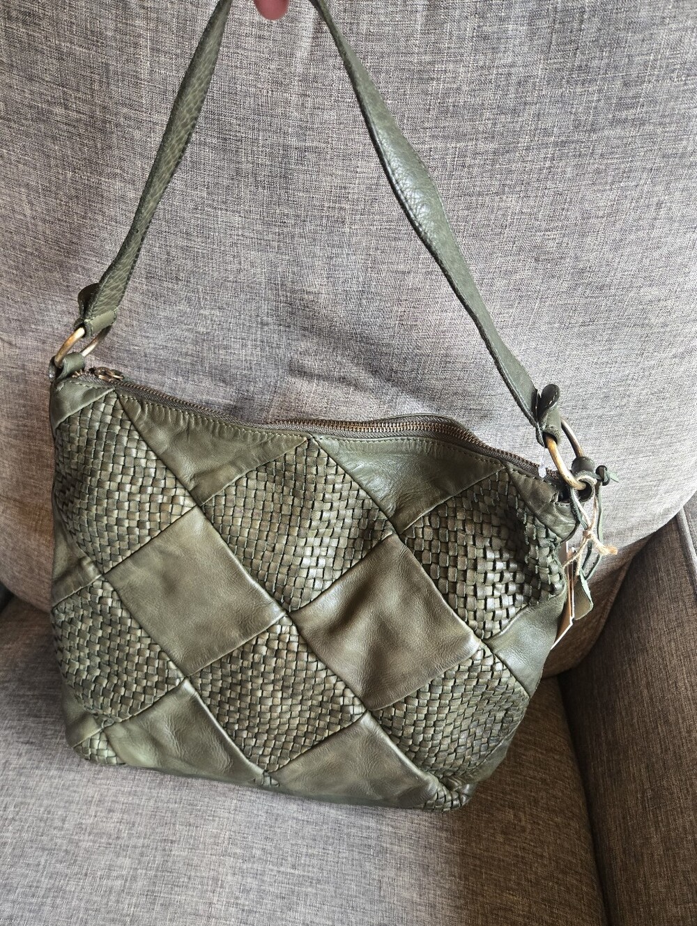 New Olive Green Woven Leather Shoulder Bag
